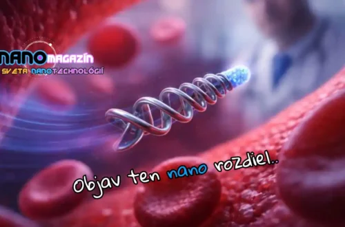 Nanoroboty v medicíne: kde sme dnes? / Nano Magazín 4 Nanoroboty v medicíne – špirálový mikrorobot v krvnej cieve medzi krvinkami, modro-fialové odlesky