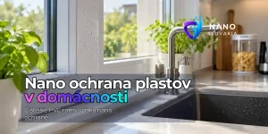 Nano ochrana plastov 53 Nano ochrana plastov na bielych PVC okenných rámoch v kuchyni s viditeľným hydrofóbnym efektom a kvapkami vody.