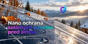 Inteligentné sklo a nanočastice / Nano Magazín 3 Nano ochrana solárnych panelov pred zimou na streche domu, jesenné lístie a čistý sklenený povrch fotovoltických panelov.